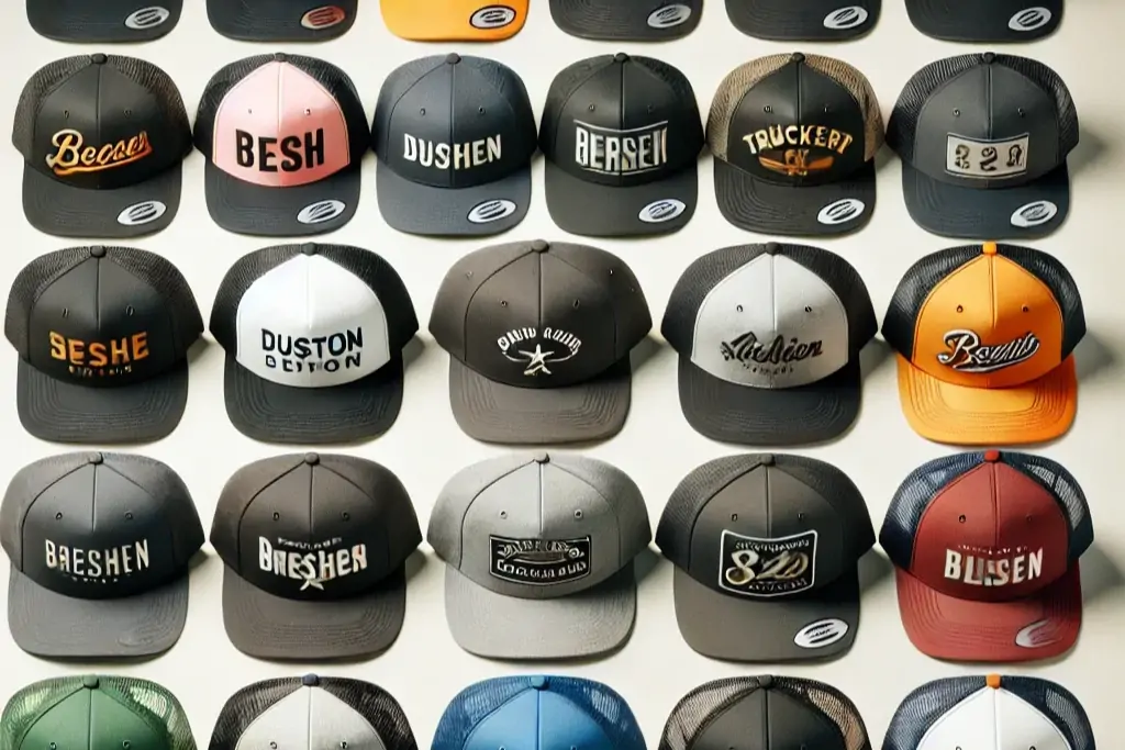 Various custom hat styles including snapback, trucker, and beanies with different logos and designs