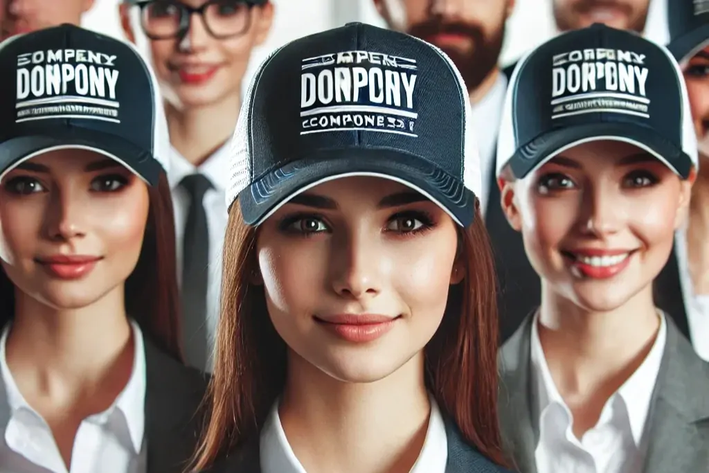 Employees in matching uniforms wearing custom hats with company logos