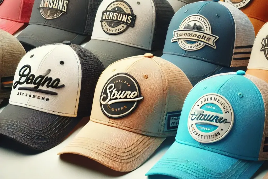 Custom hats in different colors showcasing brand logos and color schemes.