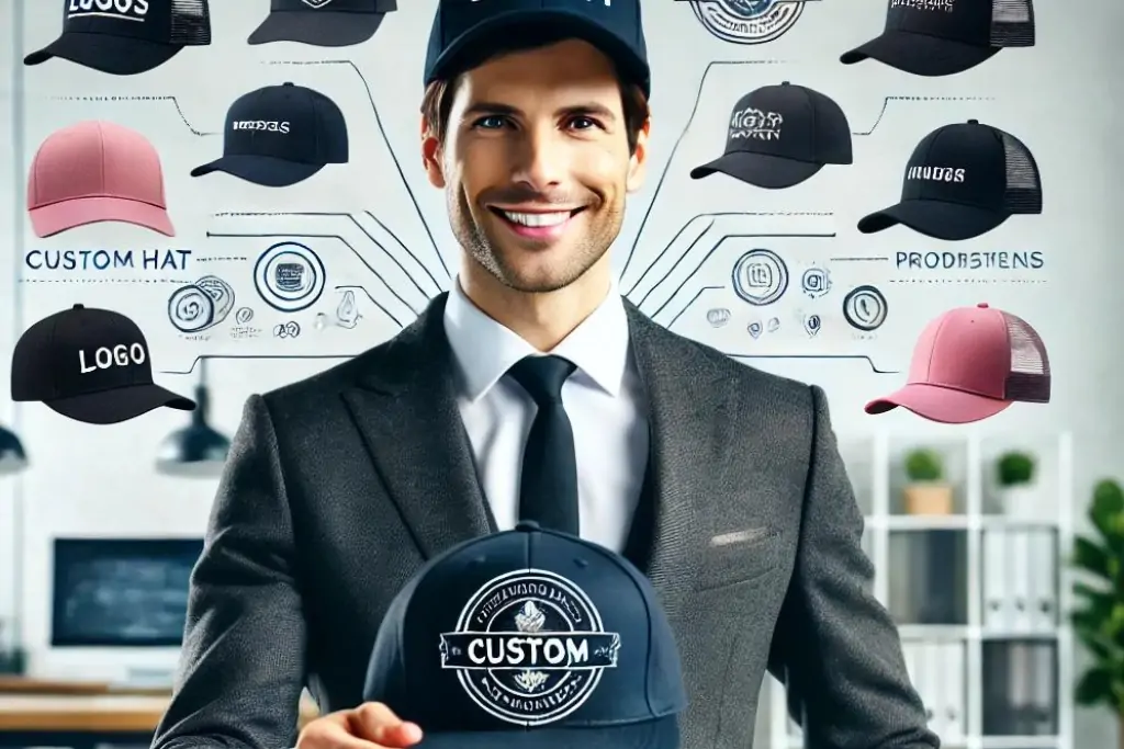 Confident businessperson holding a custom hat with various logo designs, standing in a professional workspace, symbolizing branding and custom hat selection