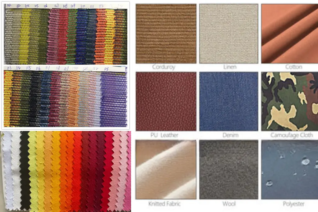 Swatches of custom hat fabrics, including cotton, polyester, wool, and mesh